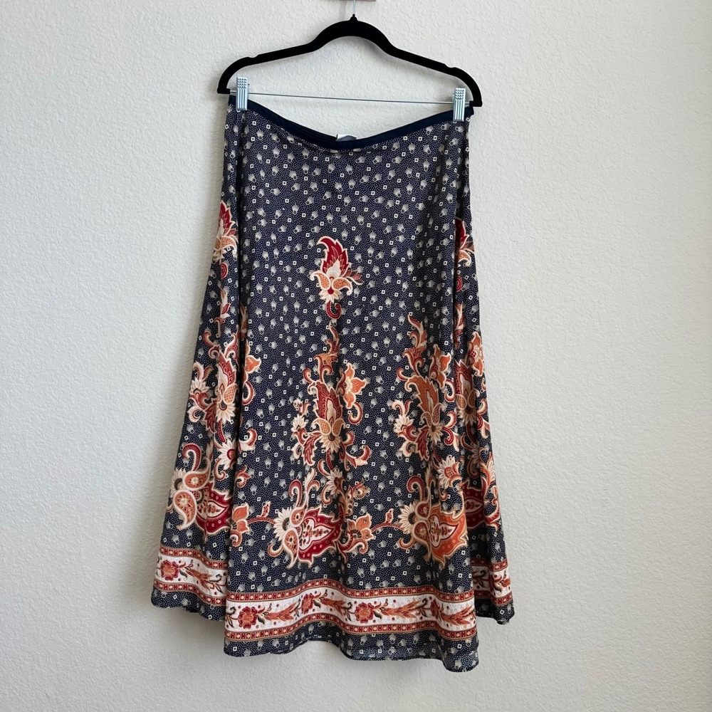 VTG Emma James Navy Red Paisley Cotton Midi A-Line Skirt Size 10 Boho Eclectic